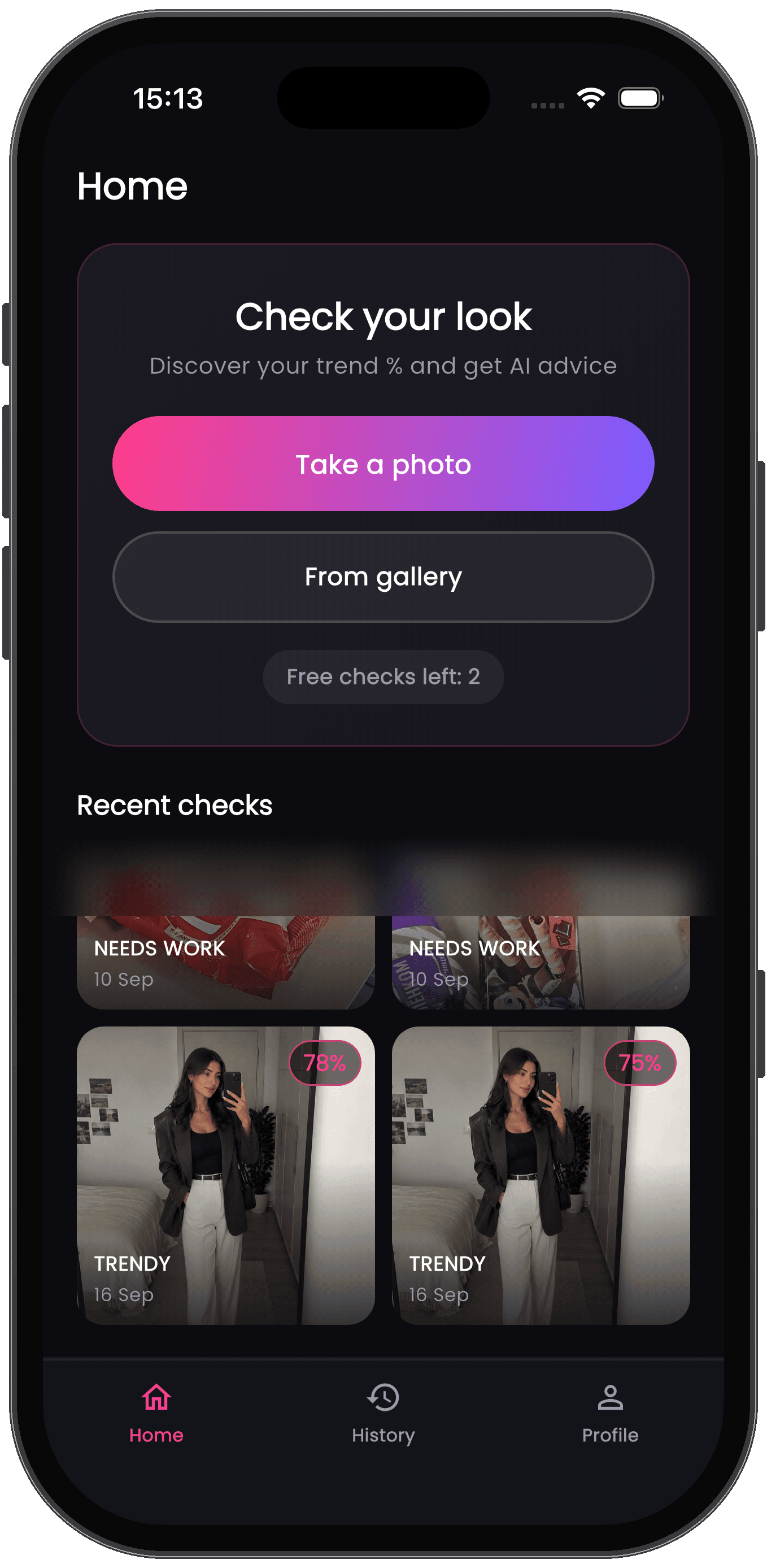 Trendy Look home screen with Take a photo and From gallery buttons and a grid of recent checks.