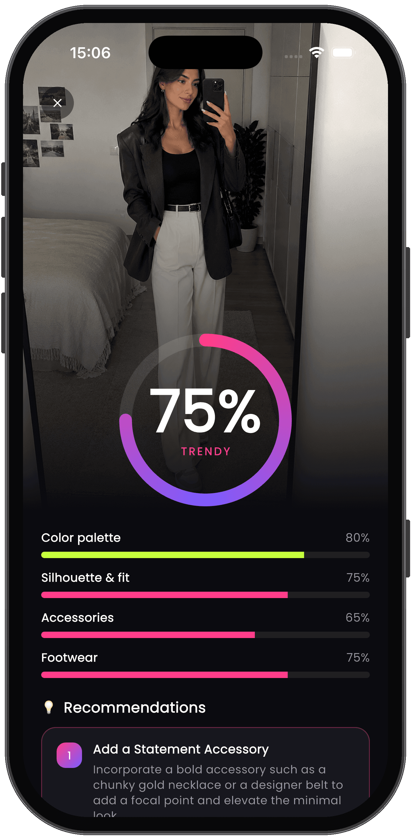 Trendy Look result screen with a 75% Trendy score ring in pink over an outfit photo.