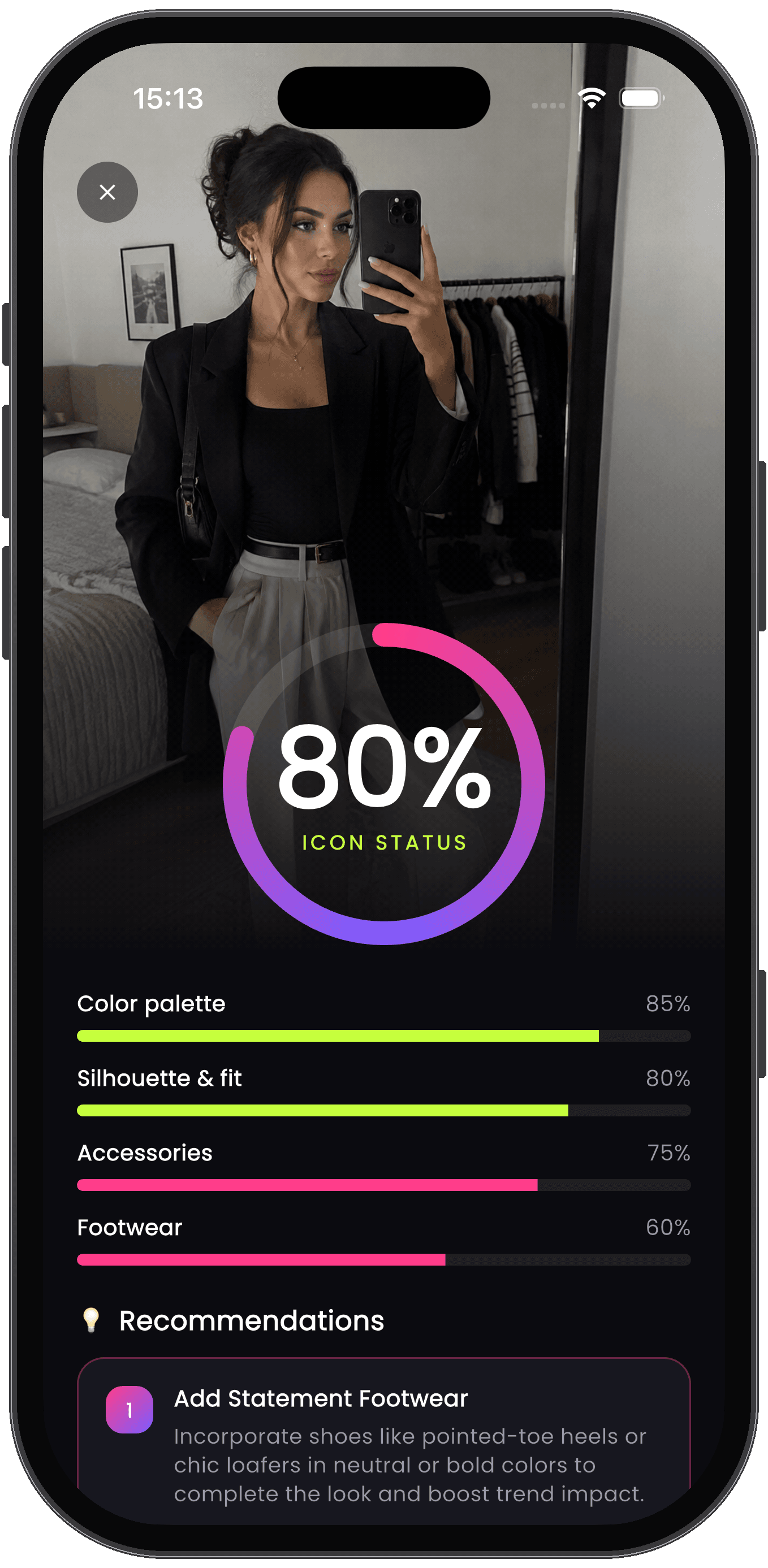 Trendy Look result screen: an outfit photo with an 80% Icon Status trend score ring and category bars.