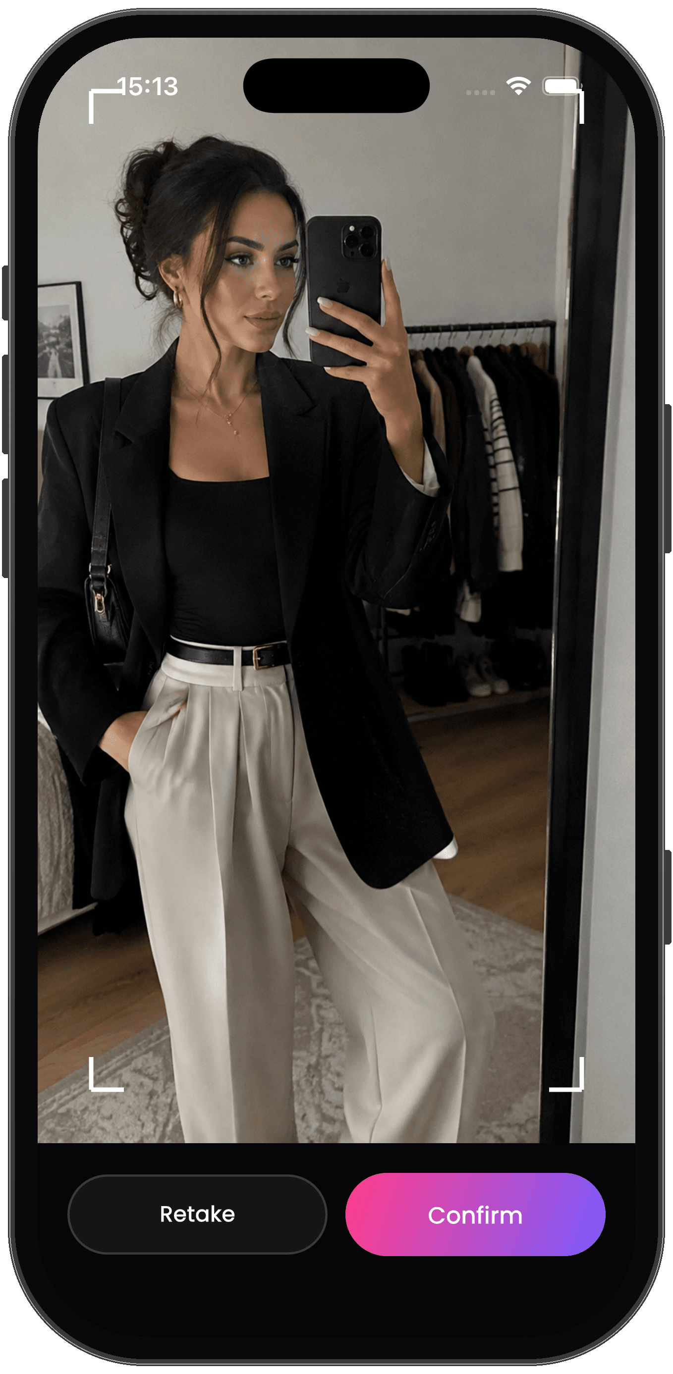 Trendy Look camera screen framing a full-length outfit photo, with Retake and Confirm buttons.