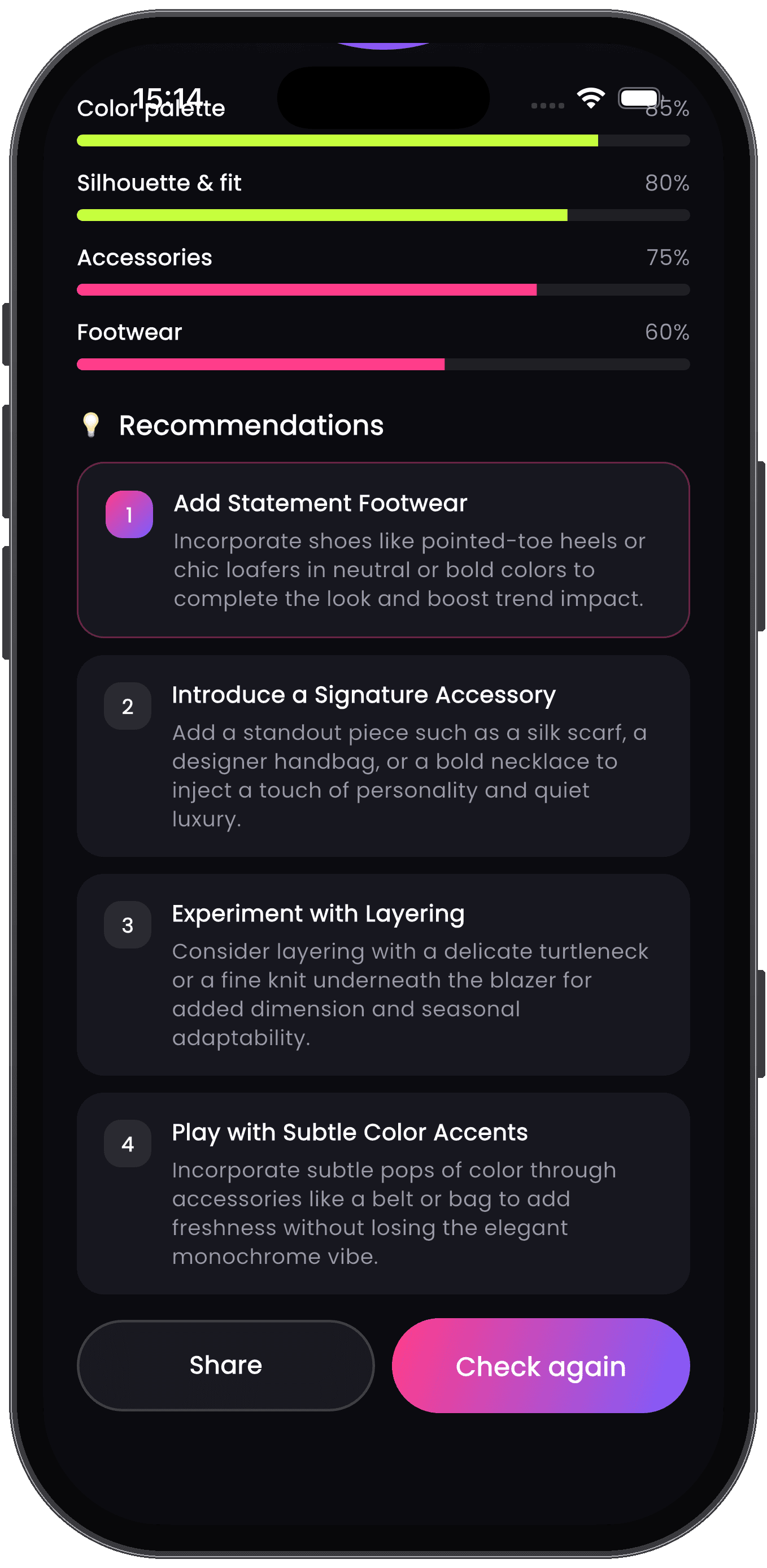 Trendy Look result screen with category bars and four numbered AI style recommendations.